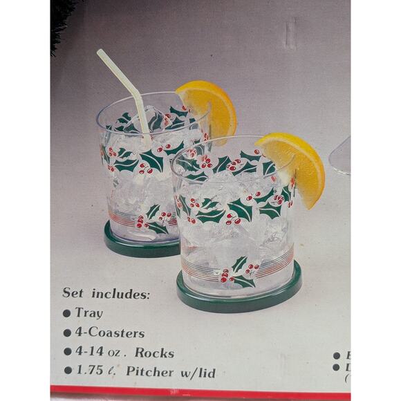 Vtg 11 Piece Acrylic Serving Set Tray Pitcher Cups Christmas Holly Leaves NOS - Picture 9 of 13